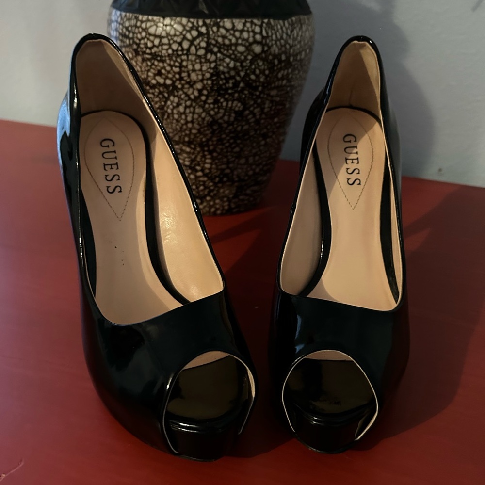 Black, open- toe, patent leather Guess Stilettos!